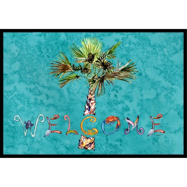 Carolines Treasures Welcome Palm Tree On Teal Indoor and Outdoor Mat- 18 x 27 in. 8711MAT - main